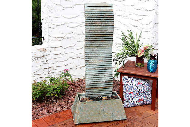 This outdoor freestanding water fountain will add a contemporary touch to any garden, patio, or yard. Water flows from the top of the fountain, down the fountain face and into the basin where it recirculates through. Instantly be soothed as the sounds of the water falling drowns out unruly background noises. Plus, no plumbing is required; simply plug the fountain into a standard outdoor electrical outlet once it has been assembled and filled with water.DIMENSIONS: 22 inches wide x 14 inches deep x 49 inches tall, weighs 98 pound | NATURAL SLATE DESIGN: Made from natural slate for long-lasting natural beauty and durability | ILLUMINATING LIGHT: Feature an LED light conveniently placed at the bottom in the decorative river rocks to illuminate the fountain at night; Enjoy as the cascading water gently and gracefully trickles down; Place it outside on the lawn, backyard, or deck | EASY SETUP: No plumbing required, simply plug into a standard electrical outlet; Includes an electric submersible Jebao PP-388L water pump with a 0.5" diameter hose sub | WARRANTY: Sunnydaze Decor backs its products with a 1-year manufacturer's warranty for worry-free purchasing