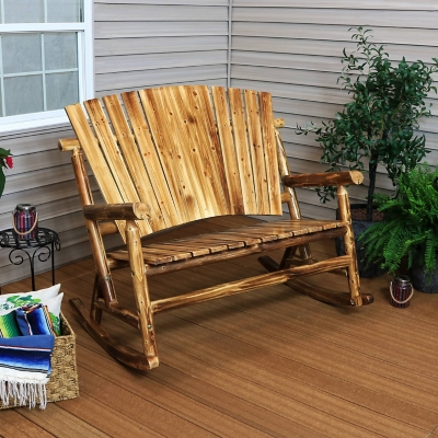 Sunnydaze Outdoor Rustic Wooden Log Cabin Rocking Loveseat, , rollover