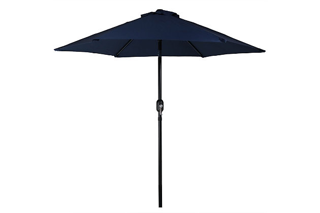A patio umbrella with tilt and crank functionality is the answer to achieving shade on the patio without the extra added cost of a pergola. This umbrella also features a push-button tilt function, easily maneuver the umbrella into the desired angle for maximum comfort. Plus, the crank makes it easy to open or close the umbrella. With an umbrella on the patio easily control exposure to the sun and remain comfortable while spending time outdoors. Additionally, the 7. 5' diameter makes it the perfect size for smaller 30" - 36" outdoor dining table and chairs. With a standard 1. 5" opening base, use the umbrella with any favorite outdoor seating set! Sunnydaze 7.5' patio umbrellas are engineered to last with a black powder-coated aluminum pole for resistance to rust, steel ribs for maximum support, and 100% polyester fabric for the umbrella for extra durability.LARGE 7.5 FOOT DIAMETER: Market umbrella dimensions: 1.5 inch pole diameter x 7 ft overall height x 7.5 ft umbrella diameter so you can easily shade a 30-36 inch table; 47 inch high from the ground to the crank on the pole | MADE OF 100% POLYESTER: Made from durable 100% polyester fabric with steel ribs and powder coated aluminum pole for resistance to rust and stronger support | ENHANCED FEATURES: Features push-button tilt so you can better control your shade; Easy crank open and closure as well as a vent so it can be more stable in the wind and cooler in the heat; Perfect to use outside and block out the sun on the porch | EASY TO USE: Base is not included; Will fit most standard bases with 1.5-inch pole openings; Attached fabric ties easily hold umbrella together when not in-use | WARRANTY: Sunnydaze Decor backs its products with a 1-year manufacturer's warranty for worry-free purchasing