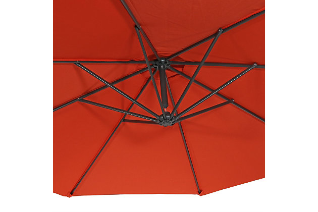 This outdoor offset patio umbrella with cantilever and crank will add the perfect shaded space to any patio or yard. The umbrella is perfect for hanging over outdoor dining tables, hammocks, deep seating patio furniture set and more. Each umbrella has a durable steel pole and 8 steel ribs. The 2 twist knobs on the umbrella pole may be loosened allowing the center of the umbrella to rotate so the umbrella base does not have to be moved once it has been set in its desired location. The umbrella is made from 100% polyester for extra durability. The base can be easily weighed down with four 30 lbs paving stones or concrete weights. Heavy-duty water/sand umbrella bases may also be purchased seperately.Overall dimensions: 1.9 inch pole diameter x 98 inch overall height x 10.5 foot overall width x 9.6 foot umbrella diameter; ground-to-crank height: 75 inches; weighs approximately 28 pounds; Cross base: 39-3/8 x 39-3/8 inches | DURABLE DESIGN: Made from durable 100% polyester fabric with metal steel ribs and grey powder-coated steel pole for resistance to rust and stronger support; Attached fabric ties easily hold umbrella together in the closed position when not in-use | FUNCTIONAL FEATURES: Can be easily adjusted via the cantilever and crank, so you can easily open and close the umbrella; Plus, the vent on top ensures it will be more stable in the wind and cooler in the heat | VERSATILE OPTIONS: Heavy duty base is necessary (NOT included); Secure the cross base with 120 pounds; Place the large umbrella on the deck, porch, backyard, garden, or by the pool | WORRY-FREE PURCHASING Sunnydaze Decor backs this product with a 1-year manufacturer's warranty for worry-free purchasing