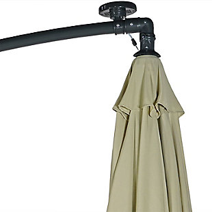 This outdoor offset patio umbrella with cantilever and crank will add the perfect shaded space to any patio or yard. The umbrella is perfect for hanging over outdoor dining tables, hammocks, deep seating patio furniture set and more. Each umbrella has a durable steel pole and 8 steel ribs. The 2 twist knobs on the umbrella pole may be loosened allowing the center of the umbrella to rotate so the umbrella base does not have to be moved once it has been set in its desired location. The umbrella is made from 100% polyester for extra durability. The base can be easily weighed down with four 30-pound paving stones or concrete weights. Heavy-duty water/sand umbrella bases may also be purchased separately.STAY IN THE SHADE OUTDOORS: 1.9 inch pole diameter x 99 inch overall height x 10.5 foot overall width x 9.6 foot umbrella diameter; Ground-to-crank height is 75 inches; weighs approximately 28 pounds, so it can easily shade any outside space | DURABLE DESIGN: Made from durable 100% polyester fabric with metal steel ribs and a gray powder-coated steel pole for resistance to rust and stronger support; Attached fabric ties easily hold umbrella together in the closed position when not in-use | LIGHT UP THE NIGHT: Features a solar panel on top, and has 3 LED solar lights on each of the 8 ribs, operated by a switch hanging from one of the umbrella ribs; LED light has a 12000mcd brightness with a Kelvin color temperature of approximately 3000K; | VERSATILE OPTIONS: Heavy-duty base is necessary (NOT included); Secure the cross base with 120 pounds; Some options for securing the base include four 30-pound paving stones or concrete weights (NOT included) | WORRY-FREE PURCHASING Sunnydaze Decor backs this product with a 1-year manufacturer's warranty for worry-free purchasing
