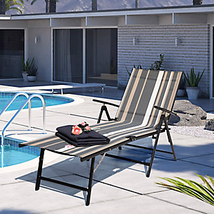 Whether your ideal way to relax is to read, sleep or sip a cocktail in the sun, this chaise lounge chair is designed to help you unwind outside. Its tall back is supported by a series of notches that allow you to slightly recline or lie fully flat. The sling-style seat is made of PVC-coated polyester fabric that holds up well to chlorine and salt, so you can sunbathe after you swim. This durable piece's steel frame sports a powdercoat finish that helps to resist weather, rusting and fading, and it conveniently folds to save space when it's not in use.Made of metal and polyester | All-weather frame with durable black powdercoat finish | Striped Textilene fabric | Weight capacity 250 pounds | Foldable design | No assembly required