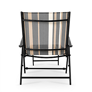 Whether your ideal way to relax is to read, sleep or sip a cocktail in the sun, this chaise lounge chair is designed to help you unwind outside. Its tall back is supported by a series of notches that allow you to slightly recline or lie fully flat. The sling-style seat is made of PVC-coated polyester fabric that holds up well to chlorine and salt, so you can sunbathe after you swim. This durable piece's steel frame sports a powdercoat finish that helps to resist weather, rusting and fading, and it conveniently folds to save space when it's not in use.Made of metal and polyester | All-weather frame with durable black powdercoat finish | Striped Textilene fabric | Weight capacity 250 pounds | Foldable design | No assembly required