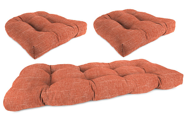 Accentuate your outdoor furniture with this Tufted 3-Piece Wicker Cushion Set. Each set includes two chair cushions and one settee cushion. All feature a knife-edge finish and are constructed with spun polyester fabric and soft polyfill designed for life outdoors. The settee cushion measures 44" x 18" x 4" and the chair cushions measure 18" x 18" x 4". Furniture not included. Includes 1 settee cushion and 2 chair cushions; furniture not included   | Made of polyester; fade-, stain-, UV-, water- and weather resistant | Soft polyfill | 30-day limited manufacturer's warranty | Furniture not included | Made in the USA | Spot clean with mild soap/warm water and non-abrasive cloth; allow to air dry before resuming use; store in cool dry area when not in use