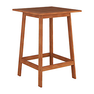 Whether you're enjoying a summery cocktail with friends or just looking to add a dining space to a balcony or deck, this pub style table is a perfect multifunctional piece. Crafted from solid hardwood, this table is ideal for use in outdoor spaces. Its natural wood finish will complement any aesthetic. Pair it with the matching stools to complete the look!Classic natural wood finish | Constructed of durable high grade hardwood | Weather and moisture resistant | Slatted design on tabletop stops water from pooling during summer storms | Matching pieces available | Natural variation may occur in this product | Easy assembly