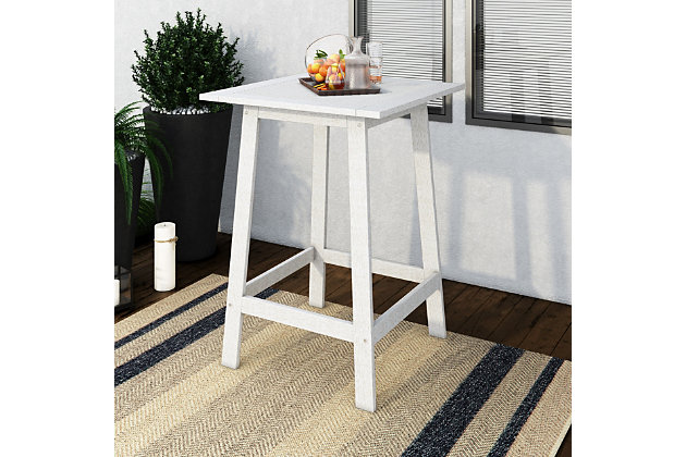 Whether you're enjoying a summery cocktail with friends or just looking to add a dining space to a balcony or deck, this pub style table is a perfect multifunctional piece. Crafted from solid hardwood, this table is ideal for use in outdoor spaces. Its natural wood finish will complement any aesthetic. Pair it with the matching stools to complete the look!Classic whitewashed patina finish | Constructed of durable high grade hardwood | Weather and moisture resistant | Slatted design on tabletop stops water from pooling during summer storms | Matching pieces available | Natural variation may occur in this product | Easy assembly