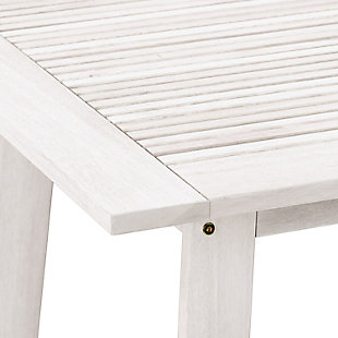 Whether you're enjoying a summery cocktail with friends or just looking to add a dining space to a balcony or deck, this pub style table is a perfect multifunctional piece. Crafted from solid hardwood, this table is ideal for use in outdoor spaces. Its natural wood finish will complement any aesthetic. Pair it with the matching stools to complete the look!Classic whitewashed patina finish | Constructed of durable high grade hardwood | Weather and moisture resistant | Slatted design on tabletop stops water from pooling during summer storms | Matching pieces available | Natural variation may occur in this product | Easy assembly