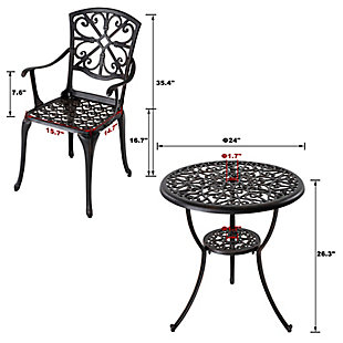 Simplicity and elegance make this three-piece bistro set perfect for any outdoor or indoor setting. Take a seat and enjoy afternoon tea on the front porch, or have a conversation with your friends in your own backyard. Exceptionally crafted from cast aluminum with a unique design and an antiqued bronze-tone finish, it boasts a vintage look that will endure for years.Made of metal and aluminum | All-weather frame with durable antiqued bronze-tone finish | Round bistro table | 2 armchairs; weight capacity 280 pounds each | Umbrella hole | Assembly required