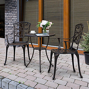 Simplicity and elegance make this three-piece bistro set perfect for any outdoor or indoor setting. Take a seat and enjoy afternoon tea on the front porch, or have a conversation with your friends in your own backyard. Exceptionally crafted from cast aluminum with a unique design and an antiqued bronze-tone finish, it boasts a vintage look that will endure for years.Made of metal and aluminum | All-weather frame with durable antiqued bronze-tone finish | Round bistro table | 2 armchairs; weight capacity 280 pounds each | Umbrella hole | Assembly required