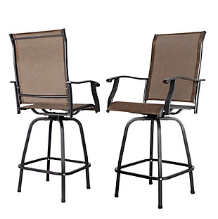 This swivel bar chair set perfectly creates the mood for great conversation and cafe-style dining. The ideal choice for outdoor amusement in the garden, on the porch or in the yard, these bar stools make a lovely, relaxing environment where you can catch up with friends or family over coffee or wine.Set of 2 | Made of iron and polyester | Black metal frame | Seats with brown Textilene mesh fabric | Footrest and armrest | 360-degree swivel | Water-resistant | Weight capacity 300 pounds | Indoor/outdoor | Assembly required