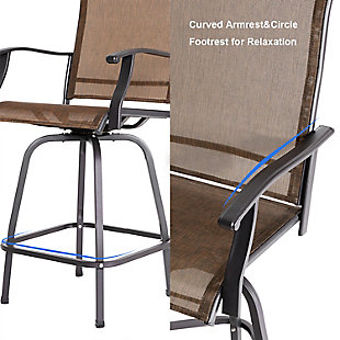 This swivel bar chair set perfectly creates the mood for great conversation and cafe-style dining. The ideal choice for outdoor amusement in the garden, on the porch or in the yard, these bar stools make a lovely, relaxing environment where you can catch up with friends or family over coffee or wine.Set of 2 | Made of iron and polyester | Black metal frame | Seats with brown Textilene mesh fabric | Footrest and armrest | 360-degree swivel | Water-resistant | Weight capacity 300 pounds | Indoor/outdoor | Assembly required
