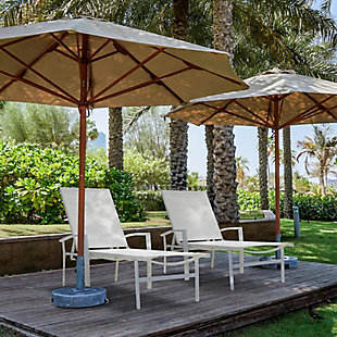 Whether your ideal way to relax is to read, sleep or sip a cocktail in the sun, this chaise lounge chair is designed to help you unwind outside. Its tall back is supported by a series of notches that allow you to slightly recline or lie fully flat. The sling-style seat is made of PVC-coated polyester fabric that holds up well to chlorine and salt, so you can sunbathe after you swim. This durable piece's steel frame sports a powdercoat finish that helps to resist weather, rusting and fading, and it conveniently folds to save space when it's not in use.Made of aluminum and fabric | All-weather frame with durable white powdercoat finish | White Textilene fabric | Weight capacity 300 pounds | Foldable design | No assembly required