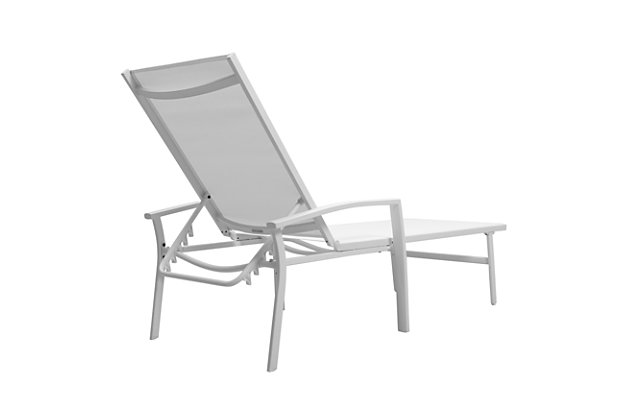 Whether your ideal way to relax is to read, sleep or sip a cocktail in the sun, this chaise lounge chair is designed to help you unwind outside. Its tall back is supported by a series of notches that allow you to slightly recline or lie fully flat. The sling-style seat is made of PVC-coated polyester fabric that holds up well to chlorine and salt, so you can sunbathe after you swim. This durable piece's steel frame sports a powdercoat finish that helps to resist weather, rusting and fading, and it conveniently folds to save space when it's not in use.Made of aluminum and fabric | All-weather frame with durable white powdercoat finish | White Textilene fabric | Weight capacity 300 pounds | Foldable design | No assembly required