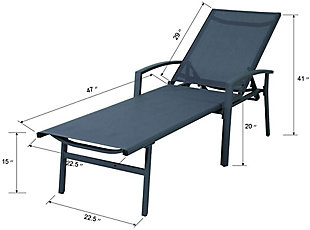 Whether your ideal way to relax is to read, sleep or sip a cocktail in the sun, this chaise lounge chair is designed to help you unwind outside. Its tall back is supported by a series of notches that allow you to slightly recline or lie fully flat. The sling-style seat is made of PVC-coated polyester fabric that holds up well to chlorine and salt, so you can sunbathe after you swim. This durable piece's steel frame sports a powdercoat finish that helps to resist weather, rusting and fading, and it conveniently folds to save space when it's not in use.Made of aluminum and fabric | All-weather frame with durable gray powdercoat finish | Gray Textilene fabric | Weight capacity 300 pounds | Foldable design | No assembly required