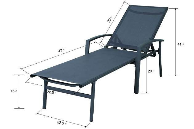 Whether your ideal way to relax is to read, sleep or sip a cocktail in the sun, this chaise lounge chair is designed to help you unwind outside. Its tall back is supported by a series of notches that allow you to slightly recline or lie fully flat. The sling-style seat is made of PVC-coated polyester fabric that holds up well to chlorine and salt, so you can sunbathe after you swim. This durable piece's steel frame sports a powdercoat finish that helps to resist weather, rusting and fading, and it conveniently folds to save space when it's not in use.Made of aluminum and fabric | All-weather frame with durable gray powdercoat finish | Gray Textilene fabric | Weight capacity 300 pounds | Foldable design | No assembly required