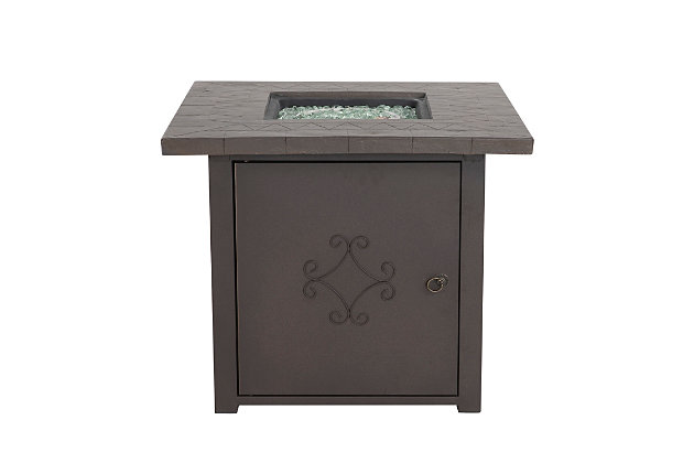 Enjoy hours of rustic warmth seated around this gas fire pit table. The square design has all the appearances of richly grained wood, but is actually a carefree all-weather steel frame you'll enjoy gathering around for years. This fire pit features a stainless steel burner and fire glass, providing heat retention with a pleasing aesthetic. A protective custom-fit matching cover keeps the pit clean when not in use.Made of metal and glass | All-weather frame with durable reddish brown finish | Cover (sold separately) | 20-pound propane tank required (sold separately) | Assembly required
