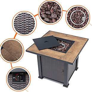 With its slate tile and steel mantel, this handcrafted propane fire pit table features the classic elements of high-end furniture, with the durability of weather-resistant steel. Its decorative base cleverly conceals a propane tank (not included) and control panel, making it an attractive centerpiece for your outdoor living space. Complete with a 50,000 BTU stainless steel burner, this fire pit lets you enjoy all the ambiance of a classic fire without the mess of tending ashes. Adding to the elegance, it includes lava rock that beautifully accents its flames.Made of metal and ceramic | All-weather frame with durable black finish | Lava rock | Protective cover | 20-pound propane tank required (sold separately) | Assembly required