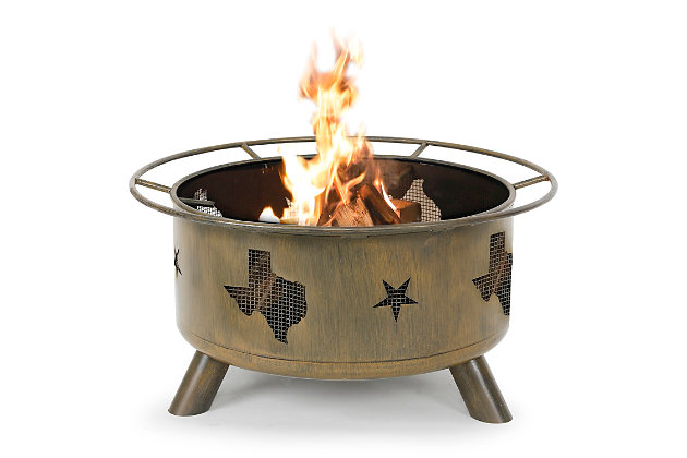 Relax by a warm, inviting fire with this stylish wood-burning fire pit. It features an anti-rust steel frame with star and (upside down) state of Texas cutouts on the sides. The fire pit includes a cooking grate, log poker and spark screen for practical use. It sets up in moments, without the need for tools, and comes with a canvas carrying case for easy portability.Made of steel | Anti-rust frame | Round | Safety log poker | Removable spark screen and protective cover | Canvas carrying case | No assembly required