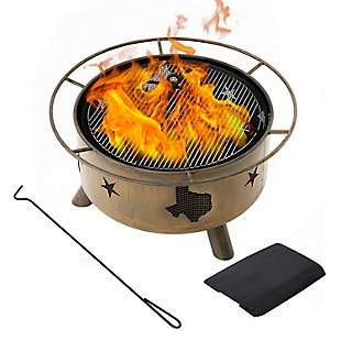Relax by a warm, inviting fire with this stylish wood-burning fire pit. It features an anti-rust steel frame with star and (upside down) state of Texas cutouts on the sides. The fire pit includes a cooking grate, log poker and spark screen for practical use. It sets up in moments, without the need for tools, and comes with a canvas carrying case for easy portability.Made of steel | Anti-rust frame | Round | Safety log poker | Removable spark screen and protective cover | Canvas carrying case | No assembly required