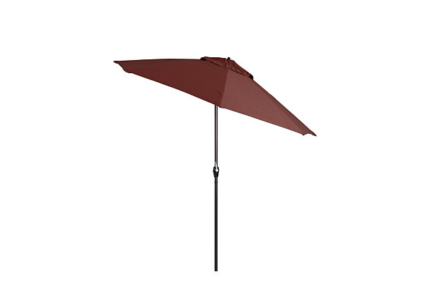 A shady spot on a warm day offers a perfect opportunity to enjoy the outdoors, at least until the sun shifts and cuts your relaxation short. With the California Umbrella Casa Series 9' Market Umbrella, you'll always be sheltered from the sun's powerful rays, whether it is low or high in the sky. The user-friendly crank open and auto tilt system assures convenient shade all day, even when the sun is not directly overhead. Once the canopy has been easily opened by turning the crank, simply continue to turn the crank until the canopy is tilted to your desired angle for relief and protection from the sun. Its high-quality aluminum construction also provides resilience and strength for this umbrella, ensuring the frame withstands both winds and use. A series of eight aluminum ribs reinforce the canopy from the tip of the rib all the way to the resin hub so you can open and close your umbrella without fear. In addition, the beautiful market umbrella design and vibrant canopy color choices make this umbrella the perfect choice to complement your other patio furniture. Guarantee that you can stay comfortable and covered through each sunny day ahead by ordering this stylish and functional umbrella today!Traditional 9 ft. diameter canopy | Olefin fabric | 8 heavy duty aluminum ribs | Durable resin housing and hub | Easy crank lift tilt system | Durable 1 3/8 inch diameter aluminum pole in bronze finish | Product dimension: 108”W x 102”H | Base sold separately | 1 year color retention and corrosion resistance warranty on fabric