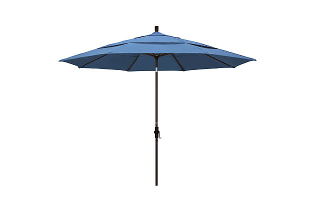 This extra-large 11 foot California Umbrella, market style is a top seller that offers all the features a residential owner demands in a beautiful market design.  The tough aluminum frame is matched by the innovative use of the advanced collar tilt design.  This style separates tilt position control from the user-friendly, crank-to-open feature.  Owners have a complete range of tilt positions at their fingertips, with a resilient, easy to us umbrella frame that will bring years of shade enjoyment. This umbrella also features Olefin fabrics, which are made with high durability synthetic Olefin fibers that offer improved fade resistance over lesser grade fabric materials like polyester and cotton.Olefin fabric | Extra-large 11 foot diameter canopy | 8 heavy duty aluminum ribs | High durable resin housing and hub | Deluxe crank lift system | Advanced collar tilt system | Durable 1½ inch aluminum pole | Standard double wind vent canopy design | Product dimension: 132”W x 110-1/2”H | Base sold separately | 1 year color retention and corrosion resistance warranty on fabric