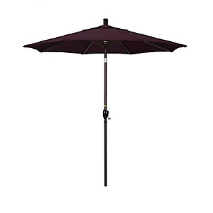 This traditional 7 ½ foot California Umbrella market style offers the residential owner a beautiful market design without taking over their space.  The aluminum frame has a simple crank to open and push- to- tilt design. The push-button tilt style keeps the tilt feature and the user-friendly, crank-to-open feature separate within the frame which adds to the umbrella's longevity.  Owners can simply crank open their umbrella and push a button to tilt canopy towards the sun. This umbrella also features Pacifica fabric, a solution-dyed polyester fabric that has been designed and perfected by California Umbrella for the use with our quality made umbrellas.Pacifica fabric | Traditional 7 ½ foot diameter canopy | 8 heavy duty aluminum ribs | High durable resin housing and hub | Easy crank lift and push button tilt System | Durable 1½ inch aluminum Pole | Product dimension: 90”W x 95-2/5”H | Base sold separately | 4 year color retention and corrosion resistance warranty on fabric