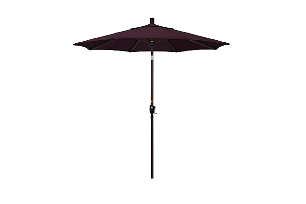 This traditional 7 ½ foot California Umbrella market style offers the residential owner a beautiful market design without taking over their space.  The aluminum frame has a simple crank to open and push- to- tilt design. The push-button tilt style keeps the tilt feature and the user-friendly, crank-to-open feature separate within the frame which adds to the umbrella's longevity.  Owners can simply crank open their umbrella and push a button to tilt canopy towards the sun. This umbrella also features Pacifica fabric, a solution-dyed polyester fabric that has been designed and perfected by California Umbrella for the use with our quality made umbrellas.Pacifica fabric | Traditional 7 ½ foot diameter canopy | 8 heavy duty aluminum ribs | High durable resin housing and hub | Easy crank lift and push button tilt System | Durable 1½ inch aluminum Pole | Product dimension: 90”W x 95-2/5”H | Base sold separately | 4 year color retention and corrosion resistance warranty on fabric