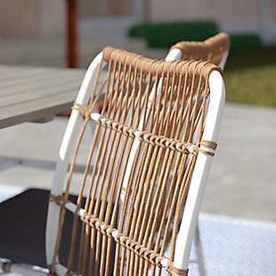 Stack up contemporary style with this set of outdoor dining chairs. Sturdy faux wicker wraps around an all-weather metal frame, crafting comfortable seating in a sleek, two-tone design. Stacking capabilities offer convenient small space storage, whether you need an extra seat at the table or a dining setup that fits the whole family. Maximize your outdoor space when you pull these mixed-material chairs up to your patio table for Sunday brunch, or layer up grab-and-go seating with this set of dining chairs at your next summer pool party.Set of 4 space-saving patio chairs | Woven seat and backrest create texture and visual interest | Stackable design provides easy storage | Cushioned seats add comfort and style | Contrasting frame offers a two-tone look | All-weather synthetic wicker | Suitable for indoor and outdoor use