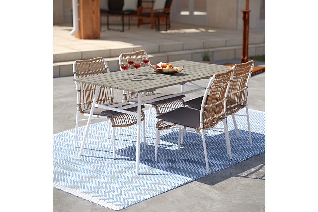 Stack up contemporary style with this set of outdoor dining chairs. Sturdy faux wicker wraps around an all-weather metal frame, crafting comfortable seating in a sleek, two-tone design. Stacking capabilities offer convenient small space storage, whether you need an extra seat at the table or a dining setup that fits the whole family. Maximize your outdoor space when you pull these mixed-material chairs up to your patio table for Sunday brunch, or layer up grab-and-go seating with this set of dining chairs at your next summer pool party.Set of 4 space-saving patio chairs | Woven seat and backrest create texture and visual interest | Stackable design provides easy storage | Cushioned seats add comfort and style | Contrasting frame offers a two-tone look | All-weather synthetic wicker | Suitable for indoor and outdoor use