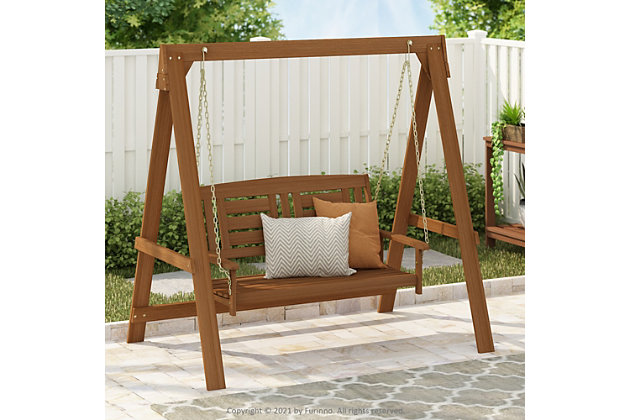 The Furinno Tioman hanging porch swing brings the relaxed lifestyle from the tropical islands to your backyard. Whether you want to enjoy a cup of coffee with your loved ones while watching the sunset or read a book alone on a warm afternoon, this porch swing suits your needs while staying in your budget. Manufactured from Malaysian dark red Meranti wood and treated with teak oil, this bench is durable and water-resistant. Simple in design, this swing is great for your porch, backyard, garden or patio.Dark red Meranti wood treated with teak oil; durable and water resistant | Natural color blends easily with your outdoor furniture and decor | Heavy duty metal chains provide strong support | Easy assembly with instruction provided
