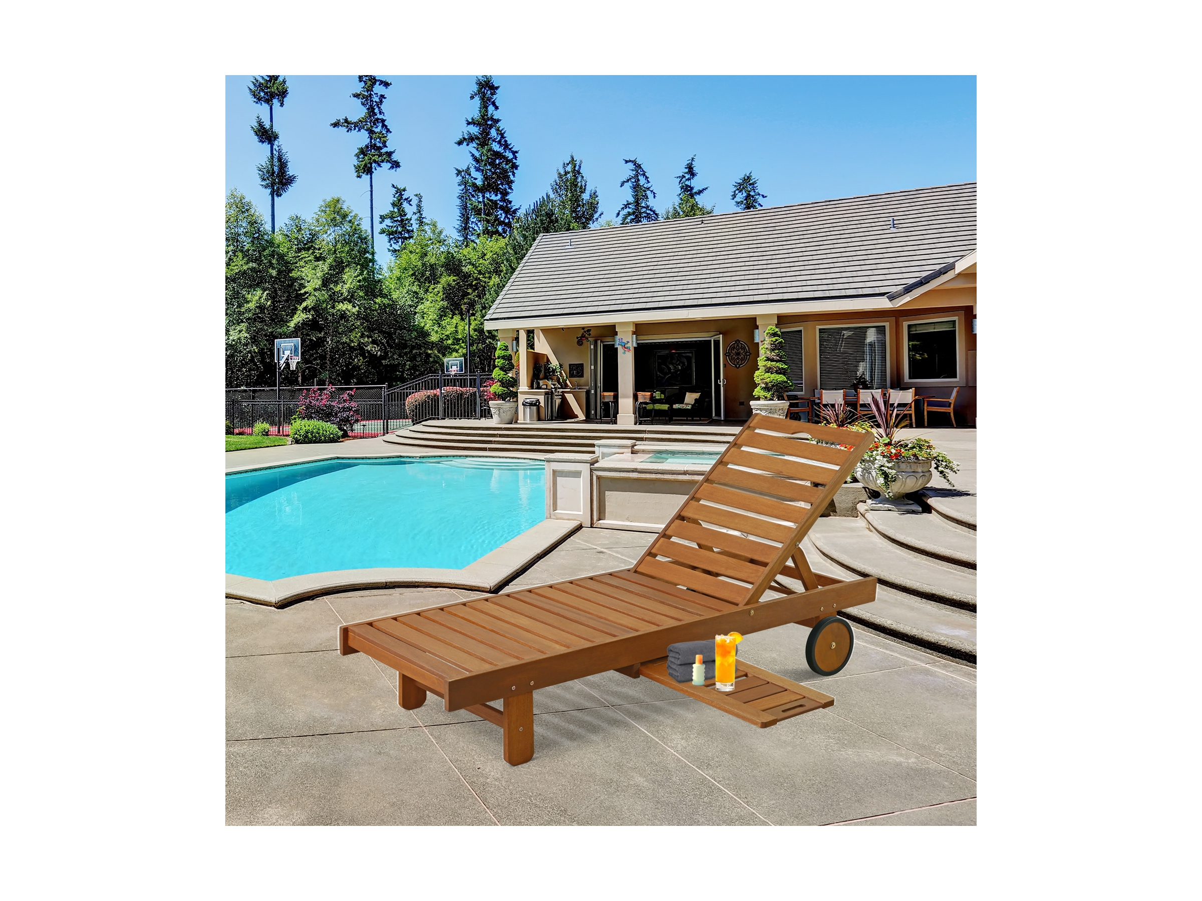 Outdoor hardwood sun lounger with tray and wheels