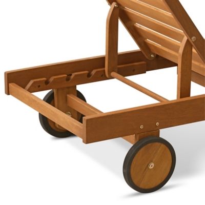 Underside view of outdoor sun lounger with wheels and tray support