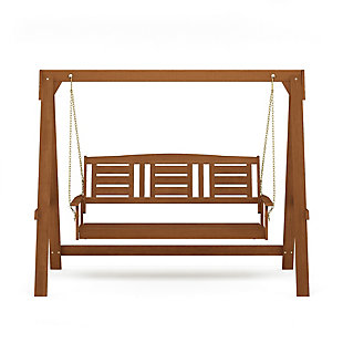 The Furinno Tioman hanging porch swing brings the relaxed lifestyle from the tropical islands to your backyard. Whether you want to enjoy a cup of coffee with your loved ones while watching the sunset or read a book alone on a warm afternoon, this porch swing suits your needs while staying in your budget. Manufactured from Malaysian dark red Meranti wood and treated with teak oil, this bench is durable and water-resistant. Simple in design, this swing is great for your porch, backyard, garden or patio.Dark red Meranti wood treated with teak oil; durable and water resistant | Natural color blends easily with your outdoor furniture and decor | Heavy duty metal chains provide strong support | Easy assembly with instruction provided