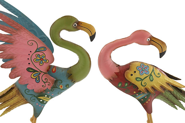 Elevate the decoration of your home with the help of these flamingo-inspired sculptures. These figurines are bound to impress your guests with their marvelous design and uniqueness. Accent pieces made of iron, these garden figurines come with impressive painted floral patterns and multi-color finishing. Each one is designed with detailed characteristics and metal feet that serve as a sturdy base. This set of flamingo garden sculptures will absolutely add an artistic twist to indoor or outdoor spaces with coastal theme. These garden sculptures are best for indoor and outdoor spaces with eclectic design Wipe clean with a dry cloth. Features metal feet that serve as sturdy bases. Suitable for indoor and outdoor use. This set includes two flamingo. Coastal design. This item comes shipped in one carton.Features a coastal inspired design for that laid back coastal vibe | An iron construction results in a long-lasting design for your outdoor space | The sculptures display a brilliant color palette, including bright pink, yellow, blue, green, and red finishes | This set of flamingo sculptures is designed with painted floral patterns in multi-color finishing | Item measures 18"L x 7"W x 32"H, 17"L x 7"W x 28"H, weight 4.4 lbs