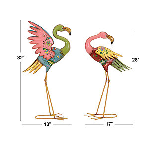 Elevate the decoration of your home with the help of these flamingo-inspired sculptures. These figurines are bound to impress your guests with their marvelous design and uniqueness. Accent pieces made of iron, these garden figurines come with impressive painted floral patterns and multi-color finishing. Each one is designed with detailed characteristics and metal feet that serve as a sturdy base. This set of flamingo garden sculptures will absolutely add an artistic twist to indoor or outdoor spaces with coastal theme. These garden sculptures are best for indoor and outdoor spaces with eclectic design Wipe clean with a dry cloth. Features metal feet that serve as sturdy bases. Suitable for indoor and outdoor use. This set includes two flamingo. Coastal design. This item comes shipped in one carton.Features a coastal inspired design for that laid back coastal vibe | An iron construction results in a long-lasting design for your outdoor space | The sculptures display a brilliant color palette, including bright pink, yellow, blue, green, and red finishes | This set of flamingo sculptures is designed with painted floral patterns in multi-color finishing | Item measures 18"L x 7"W x 32"H, 17"L x 7"W x 28"H, weight 4.4 lbs