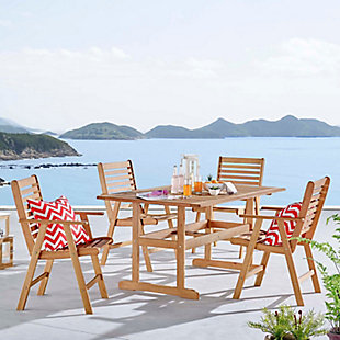 Reinvent the elegance of minimalism with the Hatteras 5 Piece Outdoor Dining Set. This set is comprised of the Hatteras Eucalyptus Wood 59" Dining Table and Hatteras Eucalyptus Wood Dining Armchairs.  Hatteras has a refreshing back to basics feel that elevates your patio decor to new heights. Solidly constructed from FSC certified eucalyptus wood, the wood slats give this set a natural airflow for enjoyable dining and comfortable lounging. The Hatteras Outdoor Patio Dining Set has an organic design ideal for the patio, poolside, porch, backyard, or deck. Table features a 2” umbrella slot with a gold metal protective cover.  
Weight Capacity: 331 lbs.Outdoor Patio Dining Table and Armchairs | FSC Certified Eucalyptus Wood | Slatted Wood Top and Seat | 2-Inch Umbrella Hole | Assembly Required | Weight Capacity 331 lbs