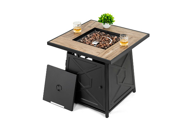 This fashionable and functional gas fire pit table sports a square ceramic tabletop and steel frame sealed to resist moisture and other kinds of weather. The fire pit's center burner holds alluring lava rocks and flames that burn quietly while you entertain your guests.Anti-rust steel frame | Internal control knob in table base allows you to adjust heat output | Impressive strength and durability; resistant to heat; low maintenance | Includes lava rocks | Runs on propane (not included) | Easy to assemble