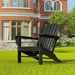 Constructed of weather-resistant high-density polyethylene (HDPE), the Elger Adirondack Chair in black is UV protected and designed for long lasting use. It has a stylish curved backrest, wide armrests, and a gently sloping seat for that definition-perfect comfort. The outdoor chair's durable recycled poly material resists splits, cracks, rot, and peeling for a lasting and attractive element you are sure to appreciate.Made of high-density polyethylene (HDPE) and resin | Black | Solid, heavy duty construction for long lasting use | Extremely durable; will not splinter, crack, chip, peel or rot | UV and fade resistant for all weather conditions | Easy to clean; requires only minimal maintenance | Assembly required | Imported