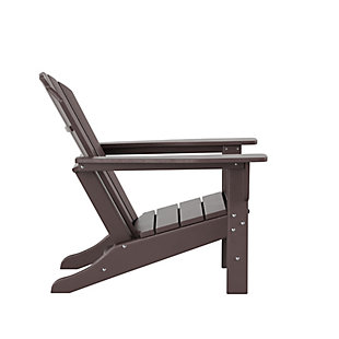 Constructed of weather-resistant high-density polyethylene (HDPE), the Elger Adirondack Chair in dark brown is UV protected and designed for long lasting use. It has a stylish curved backrest, wide armrests, and a gently sloping seat for that definition-perfect comfort. The outdoor chair's durable recycled poly material resists splits, cracks, rot, and peeling for a lasting and attractive element you are sure to appreciate.Made of high-density polyethylene (HDPE) and resin | Dark brown | Solid, heavy duty construction for long lasting use | Extremely durable; will not splinter, crack, chip, peel or rot | UV and fade resistant for all weather conditions | Easy to clean; requires only minimal maintenance | Assembly required | Imported