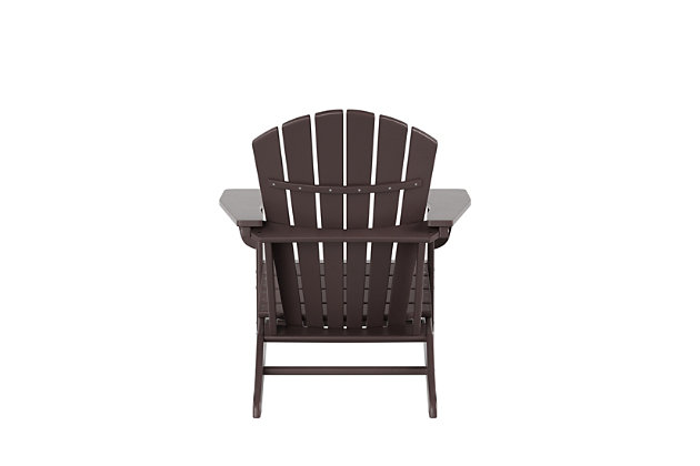 Constructed of weather-resistant high-density polyethylene (HDPE), the Elger Adirondack Chair in dark brown is UV protected and designed for long lasting use. It has a stylish curved backrest, wide armrests, and a gently sloping seat for that definition-perfect comfort. The outdoor chair's durable recycled poly material resists splits, cracks, rot, and peeling for a lasting and attractive element you are sure to appreciate.Made of high-density polyethylene (HDPE) and resin | Dark brown | Solid, heavy duty construction for long lasting use | Extremely durable; will not splinter, crack, chip, peel or rot | UV and fade resistant for all weather conditions | Easy to clean; requires only minimal maintenance | Assembly required | Imported