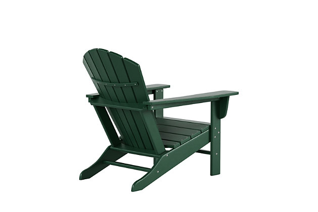 Constructed of weather-resistant high-density polyethylene (HDPE), the Elger Adirondack Chair in dark green is UV protected and designed for long lasting use. It has a stylish curved backrest, wide armrests, and a gently sloping seat for that definition-perfect comfort. The outdoor chair's durable recycled poly material resists splits, cracks, rot, and peeling for a lasting and attractive element you are sure to appreciate.Made of high-density polyethylene (HDPE) and resin | Dark green | Solid, heavy duty construction for long lasting use | Extremely durable; will not splinter, crack, chip, peel or rot | UV and fade resistant for all weather conditions | Easy to clean; requires only minimal maintenance | Assembly required | Imported