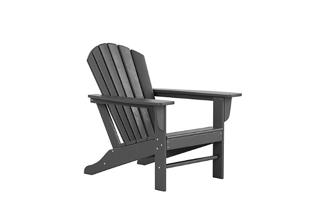 Constructed of weather-resistant high-density polyethylene (HDPE), the Elger Adirondack Chair in gray is UV protected and designed for long lasting use. It has a stylish curved backrest, wide armrests, and a gently sloping seat for that definition-perfect comfort. The outdoor chair's durable recycled poly material resists splits, cracks, rot, and peeling for a lasting and attractive element you are sure to appreciate.Made of high-density polyethylene (HDPE) and resin | Gray | Solid, heavy duty construction for long lasting use | Extremely durable; will not splinter, crack, chip, peel or rot | UV and fade resistant for all weather conditions | Easy to clean; requires only minimal maintenance | Assembly required | Imported