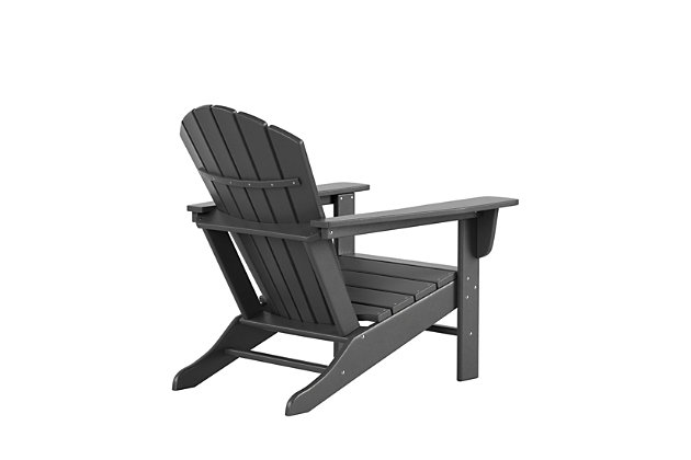 Constructed of weather-resistant high-density polyethylene (HDPE), the Elger Adirondack Chair in gray is UV protected and designed for long lasting use. It has a stylish curved backrest, wide armrests, and a gently sloping seat for that definition-perfect comfort. The outdoor chair's durable recycled poly material resists splits, cracks, rot, and peeling for a lasting and attractive element you are sure to appreciate.Made of high-density polyethylene (HDPE) and resin | Gray | Solid, heavy duty construction for long lasting use | Extremely durable; will not splinter, crack, chip, peel or rot | UV and fade resistant for all weather conditions | Easy to clean; requires only minimal maintenance | Assembly required | Imported