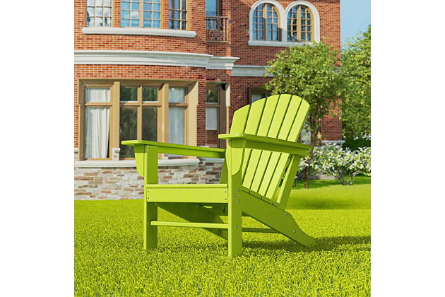 Constructed of weather-resistant high-density polyethylene (HDPE), the Elger Adirondack Chair in lime green is UV protected and designed for long lasting use. It has a stylish curved backrest, wide armrests, and a gently sloping seat for that definition-perfect comfort. The outdoor chair's durable recycled poly material resists splits, cracks, rot, and peeling for a lasting and attractive element you are sure to appreciate.Made of high-density polyethylene (HDPE) and resin | Lime green | Solid, heavy duty construction for long lasting use | Extremely durable; will not splinter, crack, chip, peel or rot | UV and fade resistant for all weather conditions | Easy to clean; requires only minimal maintenance | Assembly required | Imported