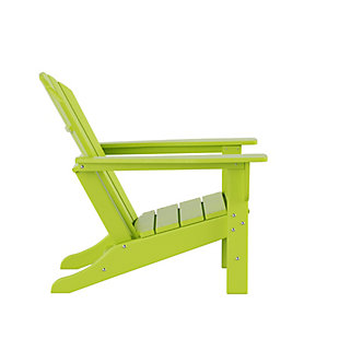 Constructed of weather-resistant high-density polyethylene (HDPE), the Elger Adirondack Chair in lime green is UV protected and designed for long lasting use. It has a stylish curved backrest, wide armrests, and a gently sloping seat for that definition-perfect comfort. The outdoor chair's durable recycled poly material resists splits, cracks, rot, and peeling for a lasting and attractive element you are sure to appreciate.Made of high-density polyethylene (HDPE) and resin | Lime green | Solid, heavy duty construction for long lasting use | Extremely durable; will not splinter, crack, chip, peel or rot | UV and fade resistant for all weather conditions | Easy to clean; requires only minimal maintenance | Assembly required | Imported
