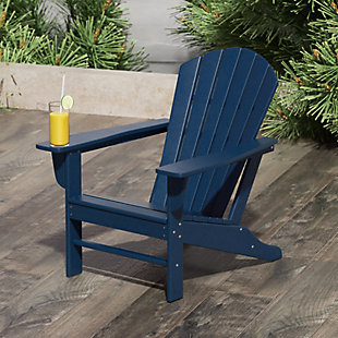 Constructed of weather-resistant high-density polyethylene (HDPE), the Elger Adirondack Chair in navy blue is UV protected and designed for long lasting use. It has a stylish curved backrest, wide armrests, and a gently sloping seat for that definition-perfect comfort. The outdoor chair's durable recycled poly material resists splits, cracks, rot, and peeling for a lasting and attractive element you are sure to appreciate.Made of high-density polyethylene (HDPE) and resin | Navy blue | Solid, heavy duty construction for long lasting use | Extremely durable; will not splinter, crack, chip, peel or rot | UV and fade resistant for all weather conditions | Easy to clean; requires only minimal maintenance | Assembly required | Imported
