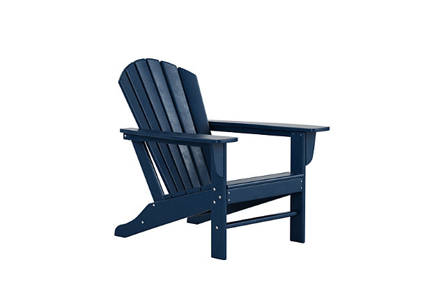 Constructed of weather-resistant high-density polyethylene (HDPE), the Elger Adirondack Chair in navy blue is UV protected and designed for long lasting use. It has a stylish curved backrest, wide armrests, and a gently sloping seat for that definition-perfect comfort. The outdoor chair's durable recycled poly material resists splits, cracks, rot, and peeling for a lasting and attractive element you are sure to appreciate.Made of high-density polyethylene (HDPE) and resin | Navy blue | Solid, heavy duty construction for long lasting use | Extremely durable; will not splinter, crack, chip, peel or rot | UV and fade resistant for all weather conditions | Easy to clean; requires only minimal maintenance | Assembly required | Imported