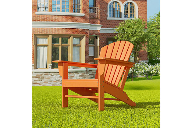 Constructed of weather-resistant high-density polyethylene (HDPE), the Elger Adirondack Chair in tropical orange is UV protected and designed for long lasting use. It has a stylish curved backrest, wide armrests, and a gently sloping seat for that definition-perfect comfort. The outdoor chair's durable recycled poly material resists splits, cracks, rot, and peeling for a lasting and attractive element you are sure to appreciate.Made of high-density polyethylene (HDPE) and resin | Orange | Solid, heavy duty construction for long lasting use | Extremely durable; will not splinter, crack, chip, peel or rot | UV and fade resistant for all weather conditions | Easy to clean; requires only minimal maintenance | Assembly required | Imported