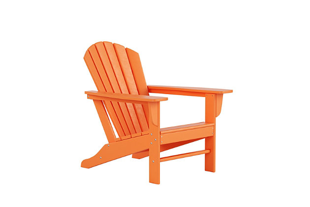 Constructed of weather-resistant high-density polyethylene (HDPE), the Elger Adirondack Chair in tropical orange is UV protected and designed for long lasting use. It has a stylish curved backrest, wide armrests, and a gently sloping seat for that definition-perfect comfort. The outdoor chair's durable recycled poly material resists splits, cracks, rot, and peeling for a lasting and attractive element you are sure to appreciate.Made of high-density polyethylene (HDPE) and resin | Orange | Solid, heavy duty construction for long lasting use | Extremely durable; will not splinter, crack, chip, peel or rot | UV and fade resistant for all weather conditions | Easy to clean; requires only minimal maintenance | Assembly required | Imported