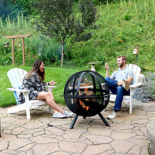 Illuminate your outdoor spaces with a flaming ball of fire. This ball of fire outdoor fire pit adds a unique touch to any deck or patio. Constructed of sturdy steel, it features a thirty-inch fire bowl within a spherical grate to give the appearance of a floating ball of fire at night. A large, pivoting spark screen keeps flying embers safely contained while allowing easy access to the fire for adding fuel and cooking s'mores or hot dogs. Handles make it easy to move from one part of the deck to another.Made of steel and steel mesh | High-temperature black paint finish | Mesh dome with easy grip handle | 3 legs | Fire bowl tray with handles | Poker | Firewood grate | PVC cover | Comes with a standard 1-year limited warranty | Imported | Assembly required
